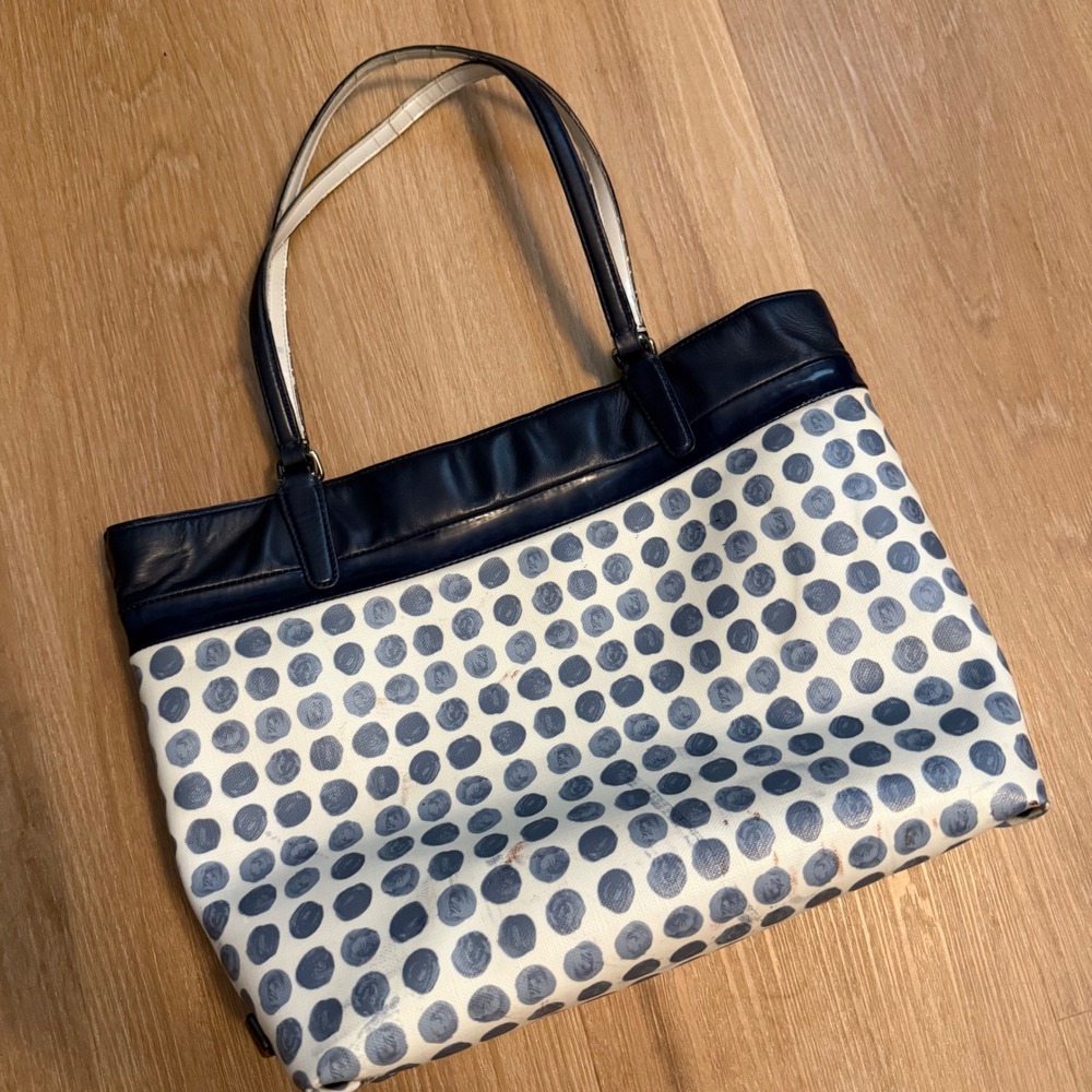 Coach Polka Dot Coated Canvas Shoulder Bag Navy White - Flawed